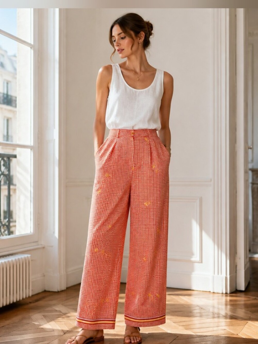 Sportelle Coral Gingham Wide-Leg Pants with Yellow Embroidery